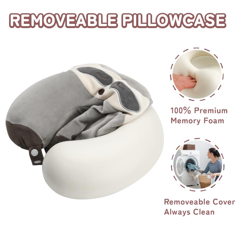 Image of Memory Foam Kids Travel Neck Pillow for Ages 9+, Removable Cover, Sloth