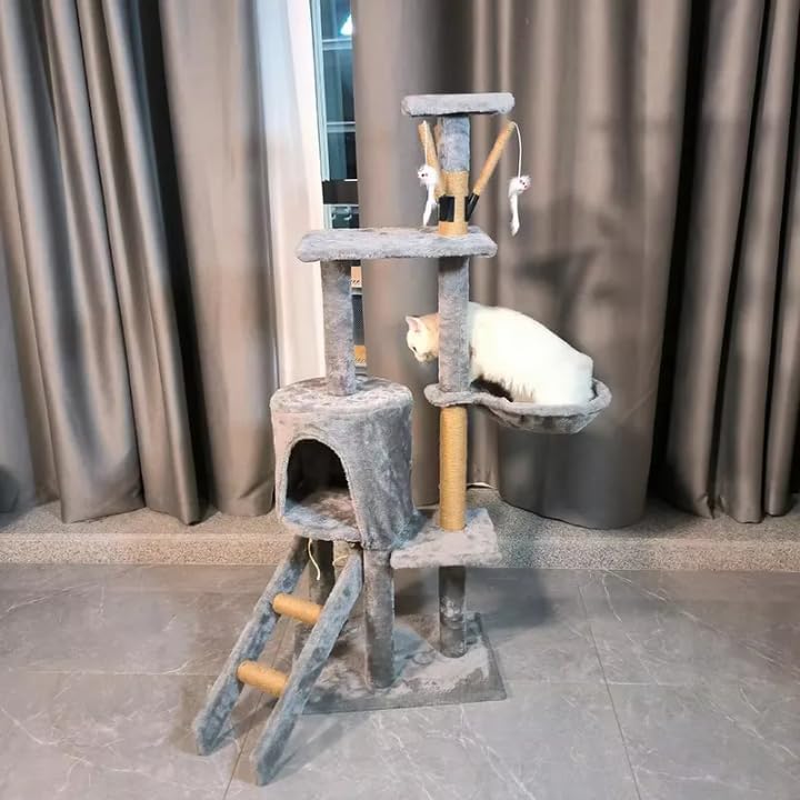 Deluxe Multi-Level Cat Tree Tower, Gray Plush, with Sisal Scratching Posts, Condo House, Perches, Hanging Toys for Indoor Cats
