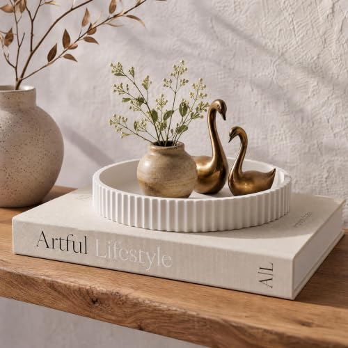 Decorative Concrete Tray & Book Decor Set - Scalloped 10' Tray & Linen Box | Enhances Your Coffee Table or Bookshelf Decor - Stylish Home Decoration for the Living or Dining Room and Housewarming Gift