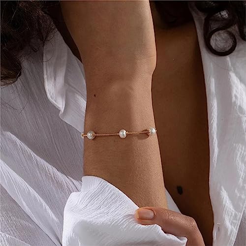 Collner Dainty Gold Bracelet For Women 14K Gold Plated Lightweight Chain Bracelet Herringbone Pearl Circle Bracelet Charm Minimalist Handmade Jewelry Gift #TOP5