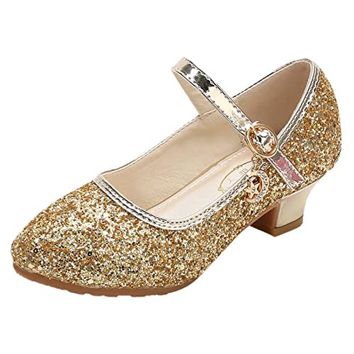 Girls Mary-Jane Glitter Shoes Low Heel Princess Flower Wedding Party Dress Pump Shoes for Toddler Princess Shoes (Gold, 8-9 Years Little Child)