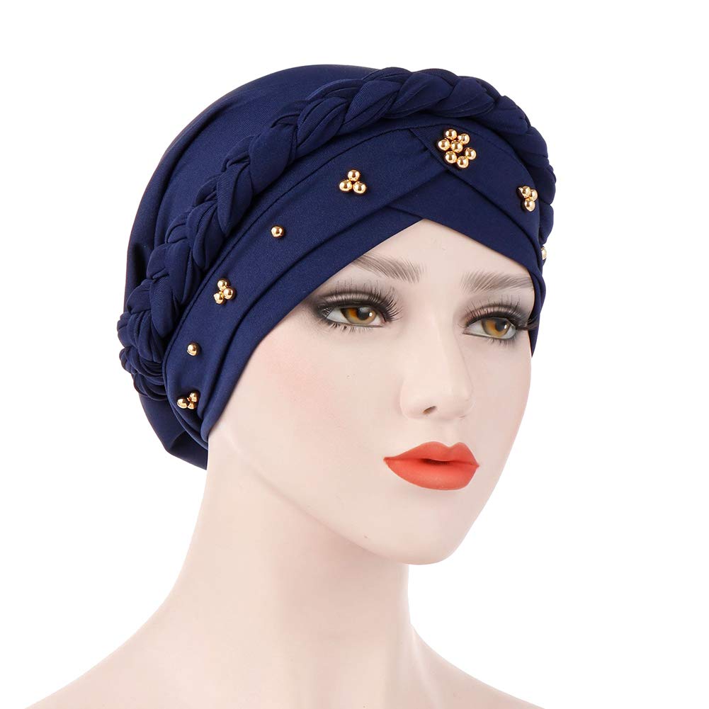 collectvoice Solid Color Muslim Cap,Soft Women Braid Beads Decor Hijab Turban Head Scarf Hat Gift