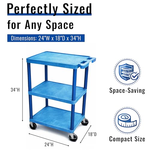 Luxor HE34-BU Utility Cart - 3 Shelves Structural Foam Plastic, Four 4\" Casters, Two with Locking Brake, Ergonomic Push Handle, 24\"W x 18\"D x 34\"H, Offices, Classrooms