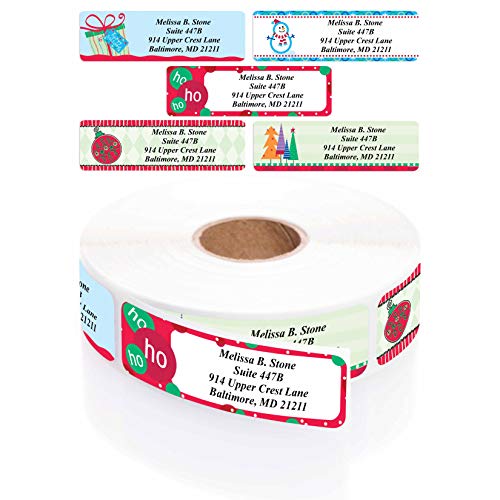 Trendy Christmas Designer Assorted Rolled Address Labels with Elegant Plastic Dispenser (250)