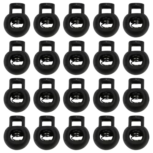WOLMIK 20 Stück 1-Loch Kordel Stopper bis Ø 6 mm Kordeln Rund Einloch Kordelklemme aus Kunststoff Schwarz Schnurstopper Band Klemme für Jacke Sportkleidung Rucksack Gummikordel Stopper