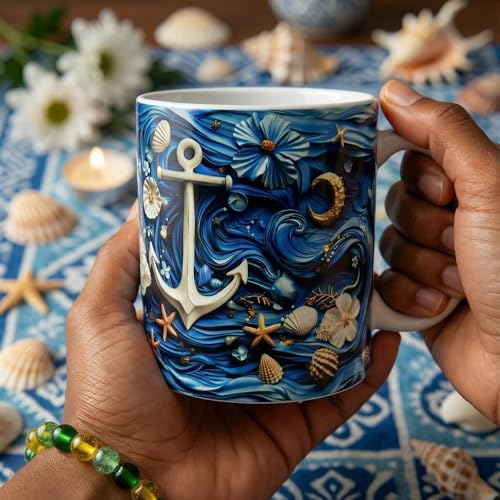 Yemaya Mug 11oz – Taza de cerámica espiritual azul y blanca miniatura 3