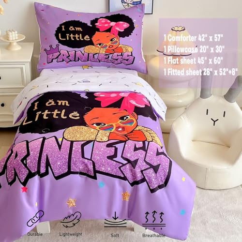 Image of 4 Piece Toddler Bedding Set for Girls,Toddler Black Girl Magic Comforter Set,Black Princess Toddler Bed Comforter Set Includes Comforter, Flat Sheet,Fitted Sheet,Pillowcase