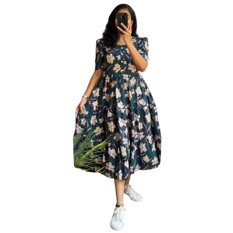 Image of Floral Midi Dress for Women - Summer Boho Dress, Lightweight & Breathable, Elegant Floral Print, Casual & Vacation Outfit, Comfortable Flowy Dress for Women