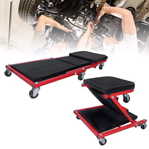 LZQ Chariot de Visite Mécanicien Pliable Planche de Travail Montage Voitures avec 6 Roues 360° 150 kg 2 en 1 Tabouret d'atelier pour Voiture Cover