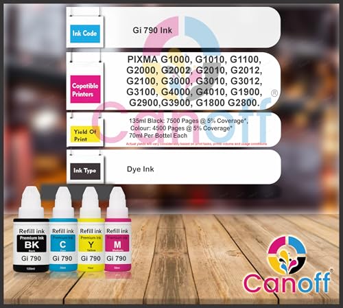 Image of CANOFF GI-790 Compatible Refill Ink Bottle Set for Ink Tank Printers - 4 Color Pack (Black,Cyan,Magenta,Yellow) | Suitable for G1000,G1010,G2000,G2010,G3000,G3010,G4000,G4010,G1012 (Gi-790 CMYK)