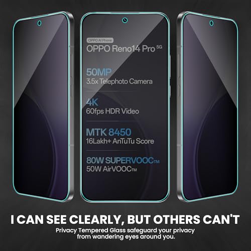 Image of FIRST MART Privacy Tempered Glass for Oppo Reno 14 Pro, 2 Pack | Anti-Spy 9H Screen Protector, Edge-to-Edge, Case-Friendly, Scratch Resistant, Bubble-Free
