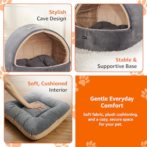Image of Amazon Basics Pet Bed Cave | Soft & Warm Indoor Tent Bed for Cats, Kittens & Small /Medium Dogs (Pug, Beagle, Shih Tzu) | Foldable with Removable Cushion | Grey & Beige | 59 x 56 x 48 cm
