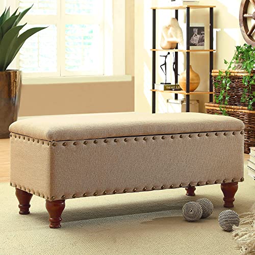 Homepop Home Decor | Upholstered Bench With Nailhead Trim | Large Ottoman With Storage For Living Room & Bedroom | Decorative Home Furniture, Tan Linen #TOP1