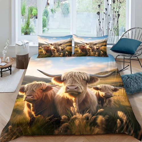 Parure de lit Highland 200x200cm en microfibre imprimée 3D avec housse de couette bétail aquarelle - 4