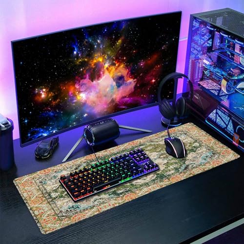 Image of Vintage Rug Mouse Pad XL Green Orange Retro Carpet Aesthetic Extended Table Mat 80X30 cm Non-Slip Rubber Base Stitched Edge Large XL Mousepad for Desk Gaming Laptop Desk Top,31.5x11.8 Inch
