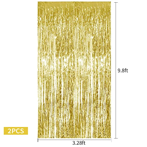 Image of TONIFUL 2Pcs Gold Metallic Tinsel Foil Fringe Curtains,Gold Photo Booth Backdrop Streamer Curtain Photo Booth Props for Bachelorette Party,Birthday,Graduation,Christmas Decor(6.6ft x 9.9ft)