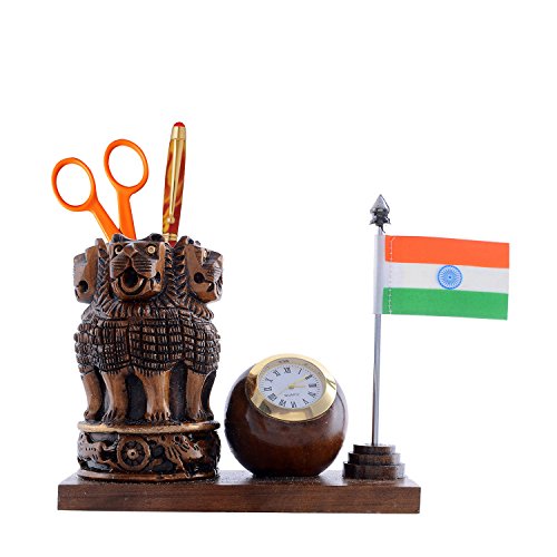 Image of Craft Trade 13x13 Cm Wooden Pen Stand with Clock National Flag Pencil Holder - Dark Brown