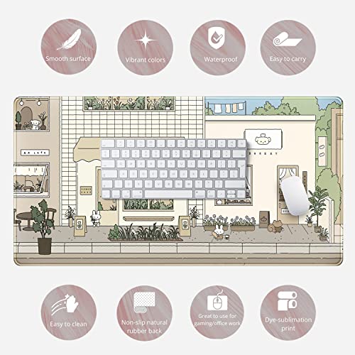 Cute Desk Mat Kawaii Mousepad Bunny And Bear Cute Anime Japanese Street Pastel Beige Brown And Green Mouse Pad, Extra Large Deskmat Cut Laptop Mouse Pads Decor #TOP5