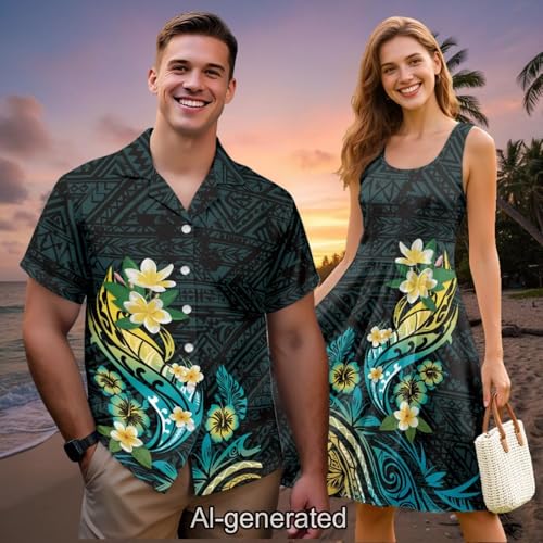 Image of Dreaweet Summer Dresses for Women A-Line Sleeveless Flowy Sun Dresses,Men's Casual Button-Down Shirts,Couple Matching Outfits