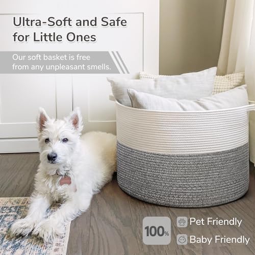 Image of INDRESSME Large Storage Basket, 21.7'' x 13.8'' Cotton Rope Blanket Basket Living Room, Toy Organizers and Storage with Handles for Kids, Laundry Baskets for Clothes, Towel, 90L Grey