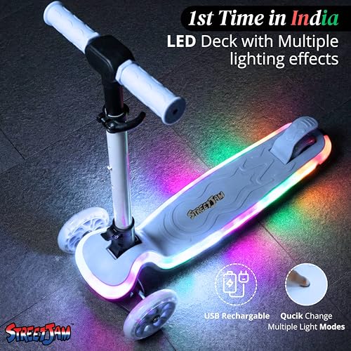 Image of STREETJAM Blinkie Kids LED Kick Scooter for 3-12 Years, LED Deck with Multiple Light Modes (1st Time in India), BIS Approved, Extra Wide Deck, Rechargeable, Up to 50 kg Load (Neon Blue with Grey)