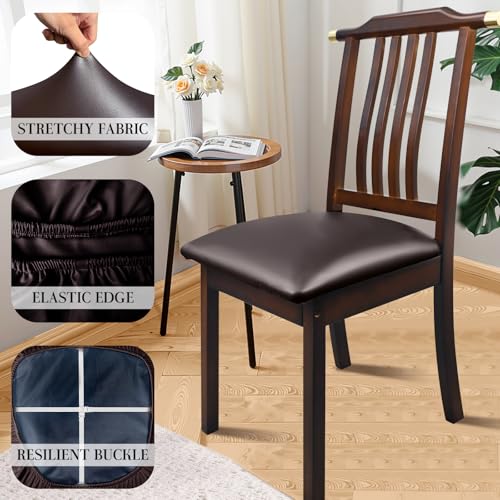 Image of Pu Leather Dining Chair Seat Covers Set of 8, Waterproof Kitchen Chair Covers Stretch Chair Cover for Kitchen /Dining Room /Hotel, Tasteless seat Covers for Chairs (Brown - 8 PCS)