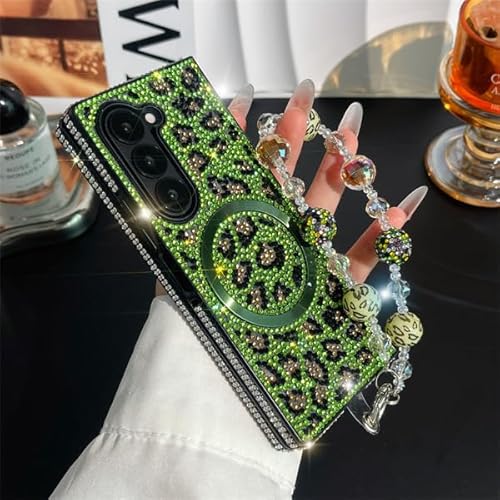 JOIUXNER Bling Sparkle Case for Samsung Galazy Z Fold 4 5G with Wrist Strap Support Wireless Charging,3D Glitter Diamond Leopard Print Hard Shookproof Anti-Drop Protective Case for Women Girls,Green.