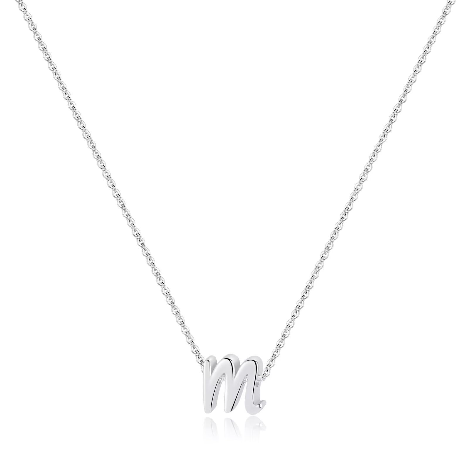 Memorjew 925 Sterling Silver Cursive Initial Necklace, Letter A-Z Necklace M-Silver