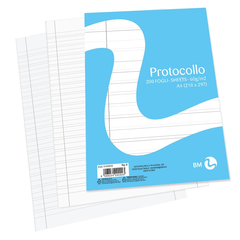 BM BeMore - Protocol Paper A4 (21 cm x 29.7 cm), 0109292 - Ruling B, Rules with Margins for The 3rd Class of Elementary - Paper 60 g/m² - Blister Pack of 200 Sheets