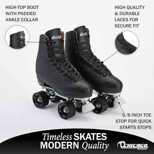 CHICAGO Herren, Schwarz Skates Rollschuhe aus hochwertigem Leder, gefüttert, klassisch, 5