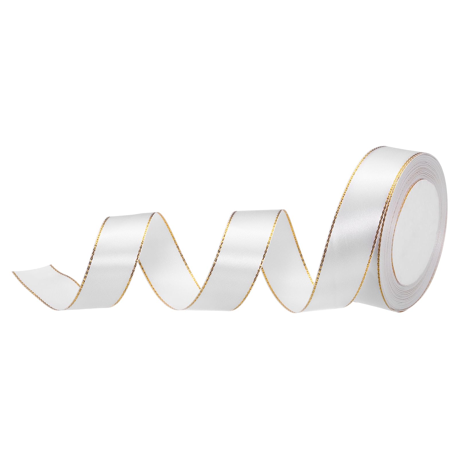 sourcing map 2.5cm 23m Wide Satin Ribbon with Gold Edges Border Grosgrain Fabric Ribbon for Gift Wrapping Wedding Bouquet, White