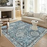 Washable Area Rug 5x7,Vintage Boho Blue Rugs for Living Room Non-Slip,Retro Distressed Floral Print Indoor Floor Carpet, Low Pile Soft Easy Clean Accent Area Rug for Foyer,Bedside,Playroom