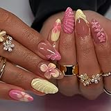 24Pcs French Tip Press on Nails Medium Almond Fake Nails with 3D Flower Gold Beads Designs Pink Yellow Floral Acrylic Nail Tips Full Cover Summer Fall False Nails Cute Flowers Stick on Nails for Women