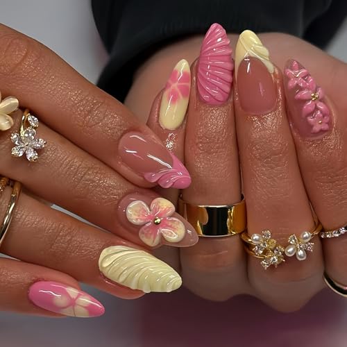24Pcs French Tip Press on Nails Medium Almond Fake Nails with 3D ...