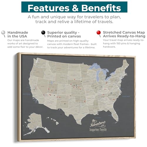 Image of United States Travel Map with Pins - Earth Tone USA Pinnable Map to Track Travels - Large Canvas Wall Art Gift for Travelers - Brown Float Frame - 30 inch x 45 inch