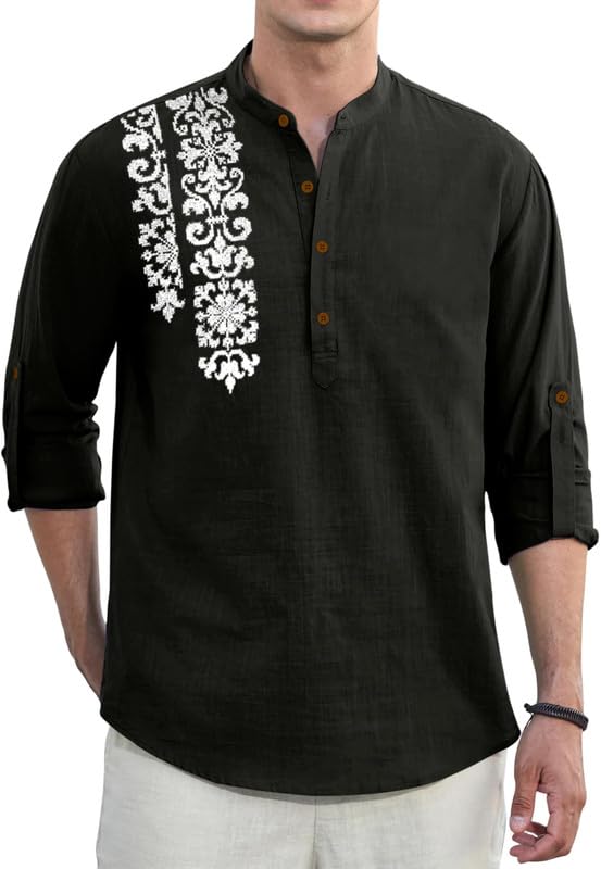 Image of Macsivo Cotton Blend Solid Casual Short Kurta for Men Long Sleeve Mandarin Collar Stylish Shirt Kurta for Men