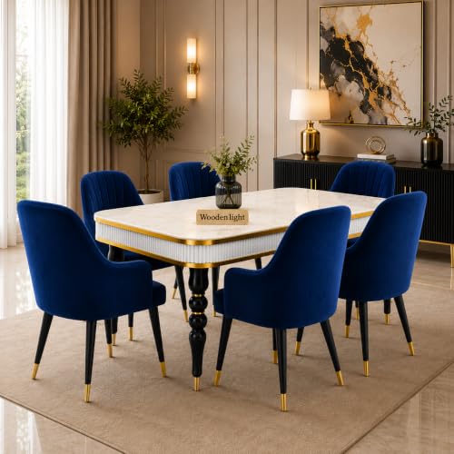 Image of 6-Seater Dining Table Set with Nano Composite Marble Top | Golden PVC Wooden Base | Includes 6 Fabric Upholstered Chairs | 2 Year Warranty | Dining Room Furniture Set for Home (Blue)