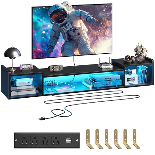 71" W Floating TV Stand with LED Lights & Power Outlets Wall Moun...