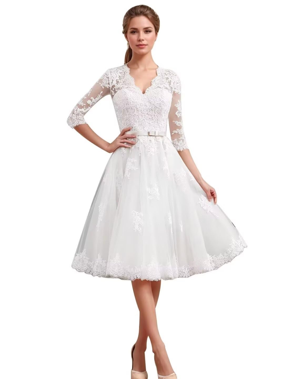 Tea Length Wedding Dresses for Bride Lace Tulle Wedding Dress for Women Long Sleeve Bridal Shower Dresses for