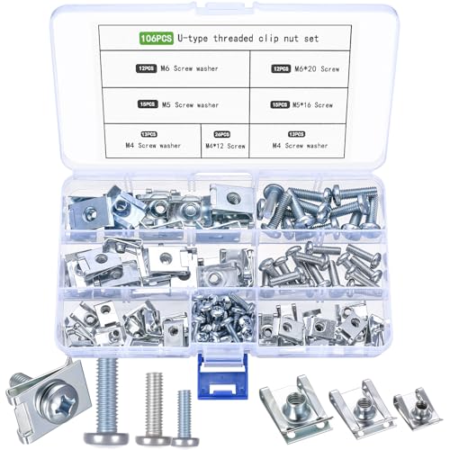 106 Pcs U Clips de Fixation Voiture, Kit de Vis de Carrosserie, Agrafe Carrosserie, U-clips de Fixation Métalliques pour Voiture, passage de roue, tableau de bord, portières et intérieur