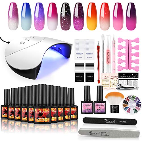 Coscelia Color Changing Gel Nail Polish Kit- 10 PCS Tempreture Color Changing Nail Gel Set with 36W Nail Dryer Curing Lamp Gel Starter Kit