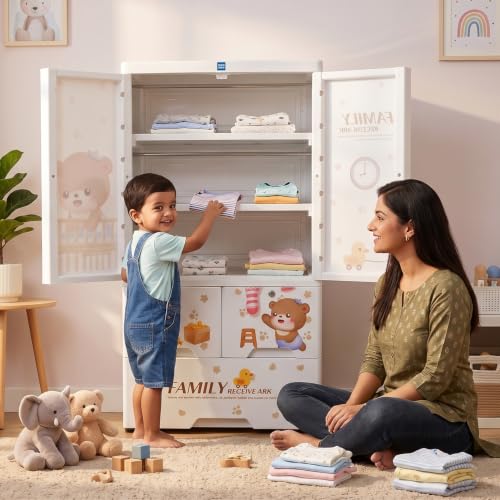 Image of Mee Mee Baby Teddy Kids Cupboard | 196L Storage Organizer | PP Plastic Kids Wardrobe with Drawers & Hanging Rod | Lockable Storage Cabinet for Baby Essentials