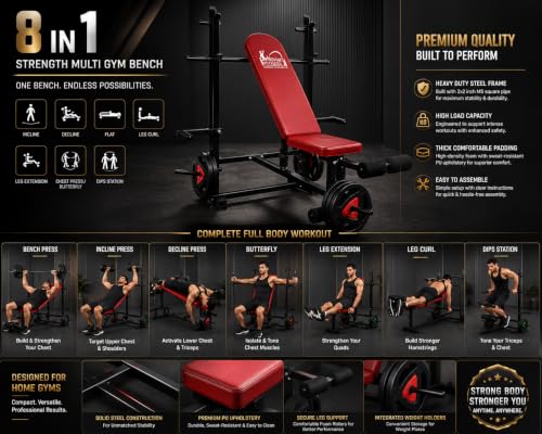 Image of 8 in 1 Strength Multi Gym Bench Adjustable Flat, Incline Decline Bench With Leg Curl & Leg Extension | Gym Bench for Home | Workout Bench Press for Home Gym