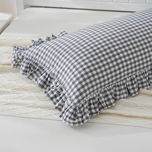 Grey/White Plaid Ruffled Checkered Body Pillow Sham 20x54 inches 1 Piece, Washed Cotton Vintage Farmhouse Bed Body Pillow Cover for Bed/Sofa