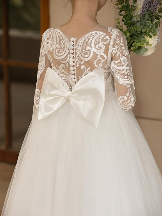 GZCYL White Flower Girls Dresses for Wedding Long Sleeves Lace Princess Communion Dress Tulle4