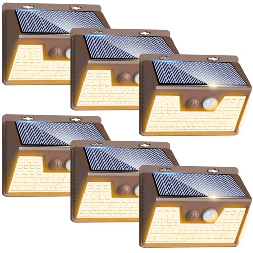 Image of Peasur Solar Lights Outdoor Motion Sensor Waterproof, 6Pack 140LED Brown Solar Powered Fence Light, 3 Modes Security Wall Lights for Garden Yard Outside(Warm White)