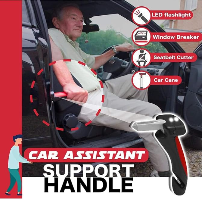 Image of YOURKARTS.COM 5-in-1 Car Support Handle with Window Breaker - Easy Grip Safety Tool for Seniors | Seat Assist Bar for Car Entry & Exit | car Accessories (Red)