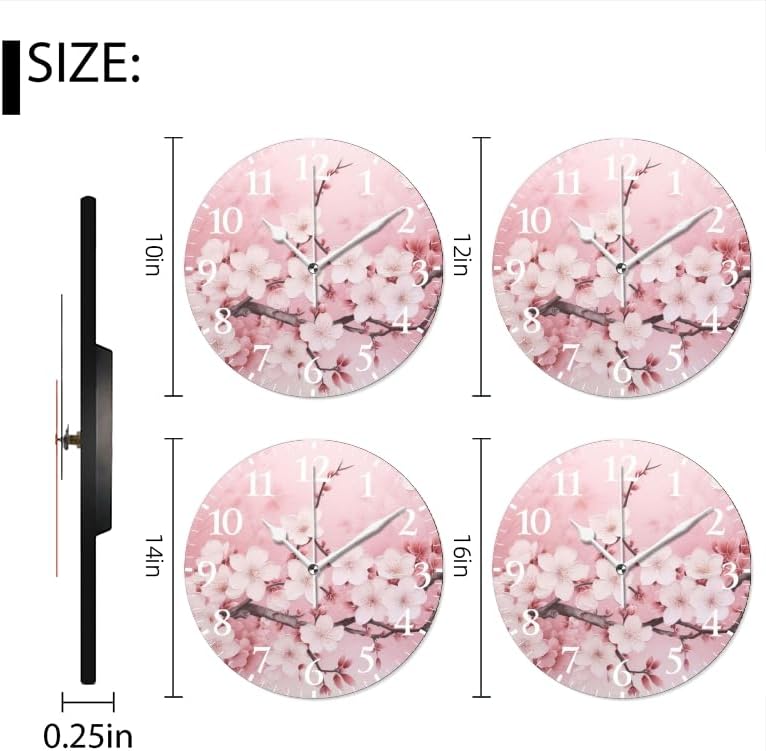 Battery Operated Round Wall Clock Non-Ticking Silent Analog Clcok Decorative for Living Room,Office,Kitchen-Delicate Beauty of Sakura in Dreamy Display(14inch)