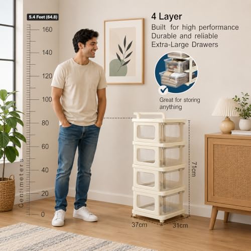 Image of URBAN LUXY Plastic Storage Drawer Organizer with Wheels | Multi-Purpose Chest of Drawers for Home, Office & Bedroom | Clothes, Toys & Stationery Organizer ((Ivory & Brown), 4 Layer)