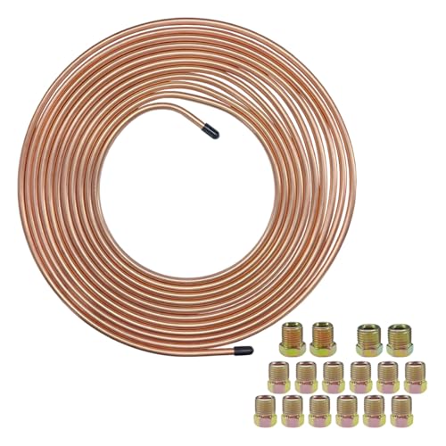 ZIMISI 25 Ft 1/4 Brake Line Tubing Kit Copper Coated Brake Line Repair Kit with 16 Inverted Flare Fittings Flexible Tubing Coil Accessories for Hydraulic Fuel Transmission (Gold)